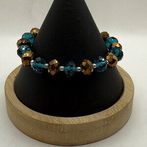 Teal & Copper Tone Faceted Bead Stretch Bracelet With Silver Accents